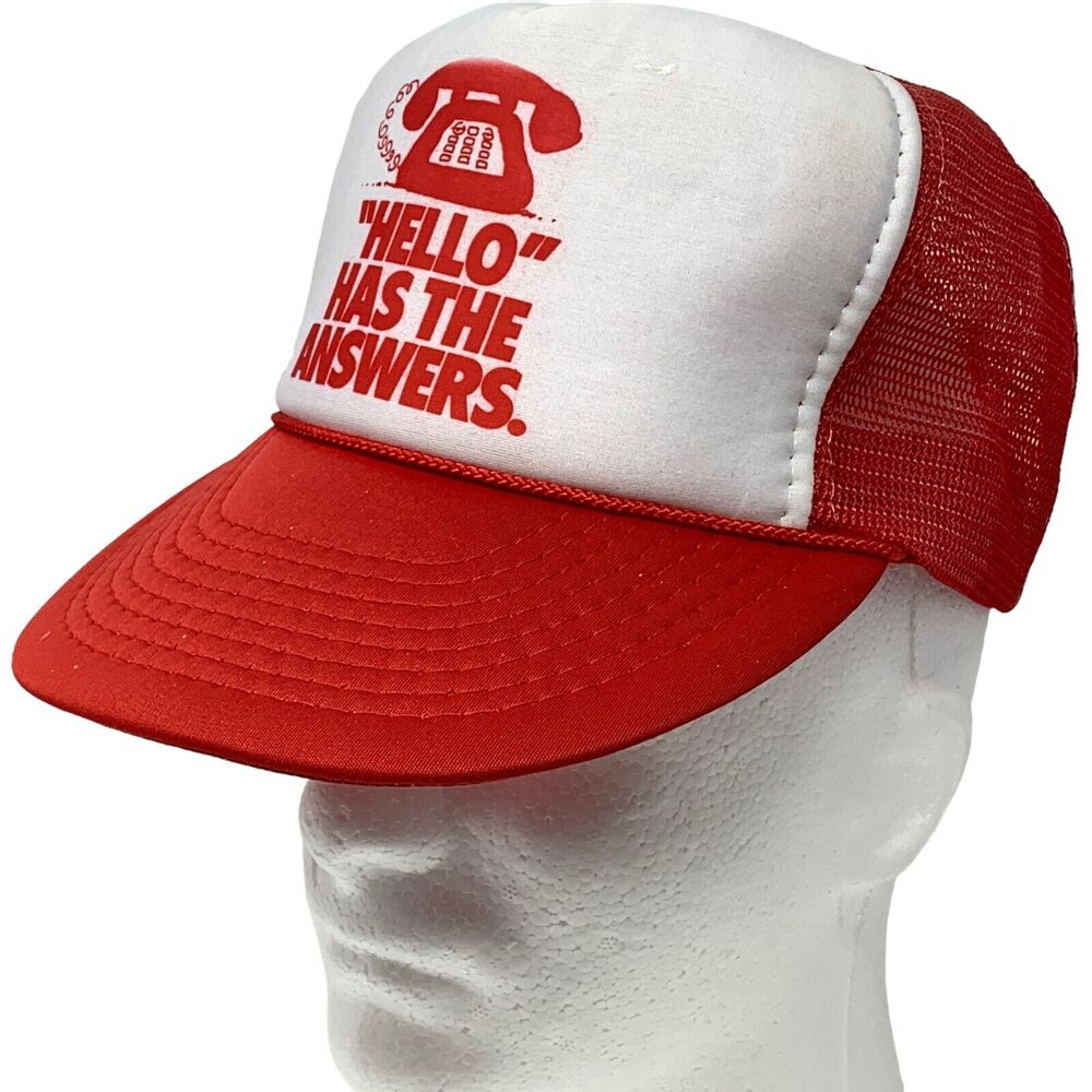 Vintage 80s Hello Has The Answers Telephone Trucker Hat Cap Red Mesh Snapback